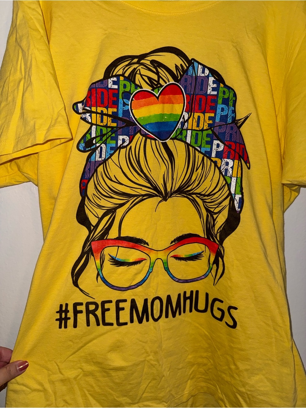 Port and Company Yellow #FREEMOMHUGS Graphic Tee with Rainbow Accents - Picture 3 of 3